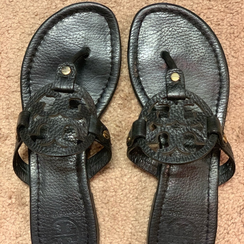 Tory Burch Miller Sandals- Black Pebbled Leather